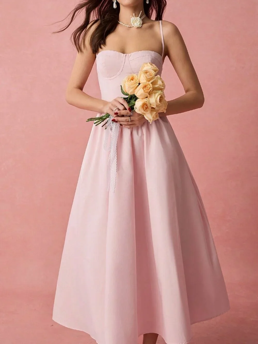 Pink Elegant Women's Romantic Pleated Long Dress